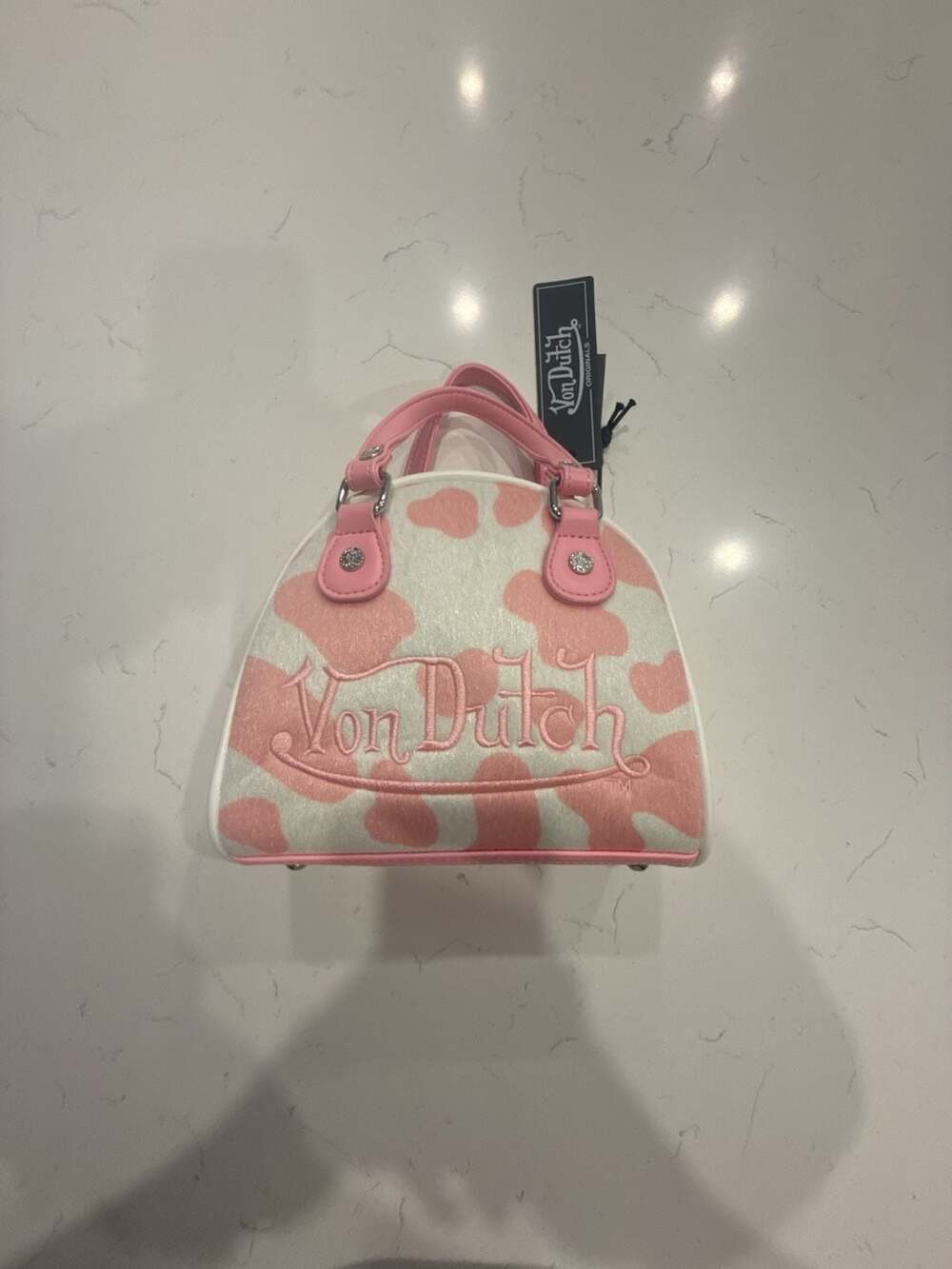 Von Dutch Pink and White Cow Print Pony Hair Leather Small Bowling Bag